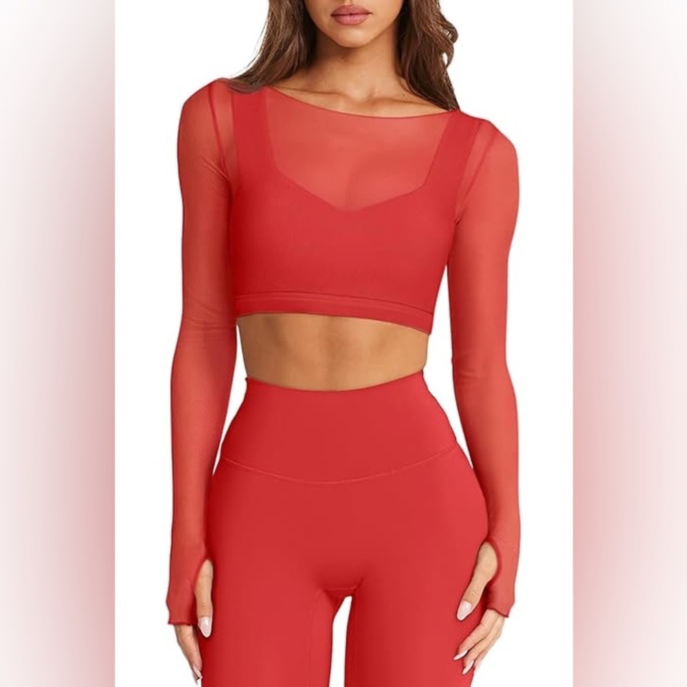 Laslulu Red Sheer Mesh Long-Sleeve Crop Top Size XXL